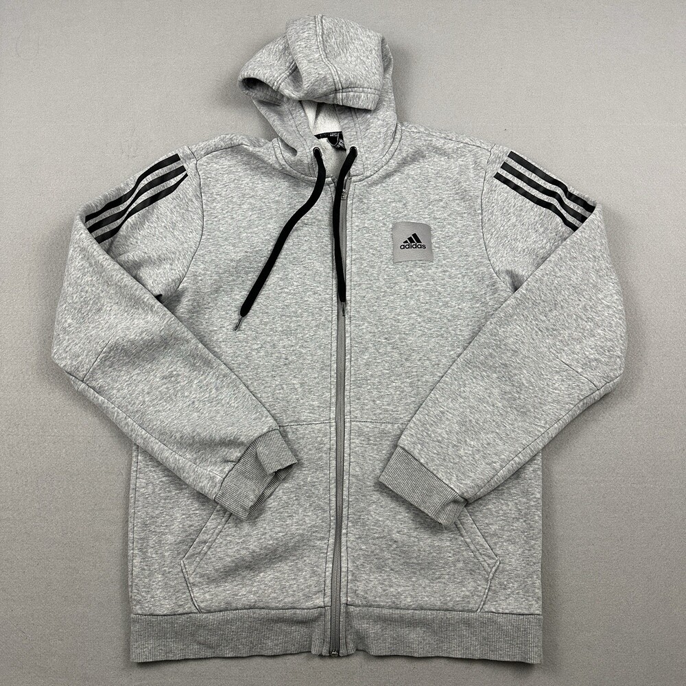 Adidas Hoodie Men Medium Gray Full Zip Trefoil Patch Sweatshirt Pockets M